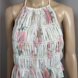 AKIRA Floral Ruched Halter Top XL Ivory Pink Open Back Cottagecore